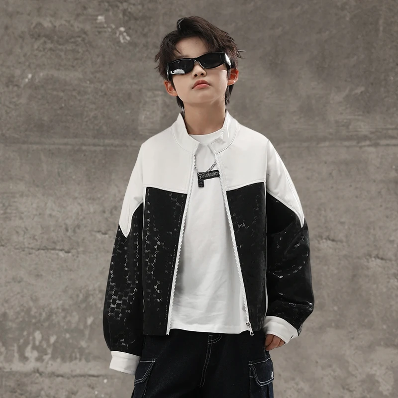 Boys Brand Splicing Stand Collar Jacket Spring Autumn Casual Trendy Kids Fashion Outerwear Tops