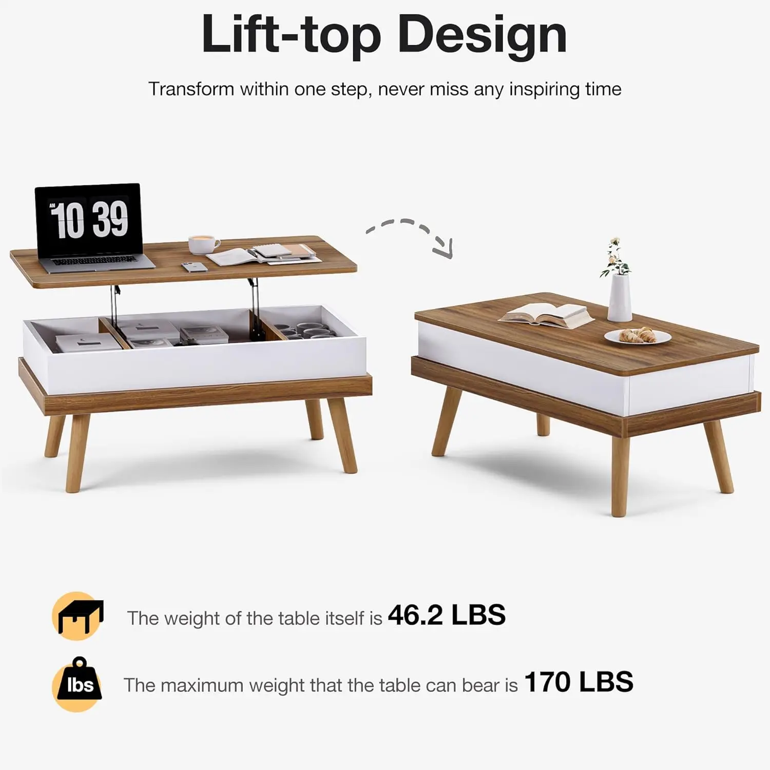 Lift Top Coffee Table with Hidden Storage, Central Table with Wooden Lift Tabletop for Living Room Reception/Home Office Brown