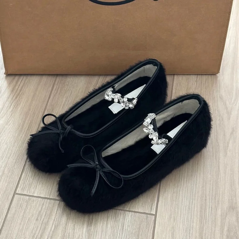 Bow Fur Mary Jane Crystal Flats Women Shoes Suede Winter New Shallow Luxury 2025 Cozy Ballet Dance Shoes Woman Warm Snow Boots