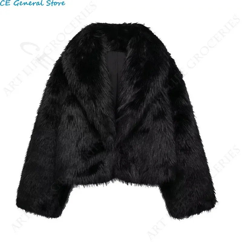 Black Fluffy Faux Fur Jackets Women Loose Furry Turn Down Collar Long Sleeve Coats Female Winter Vintage Warm Lady Overcoat