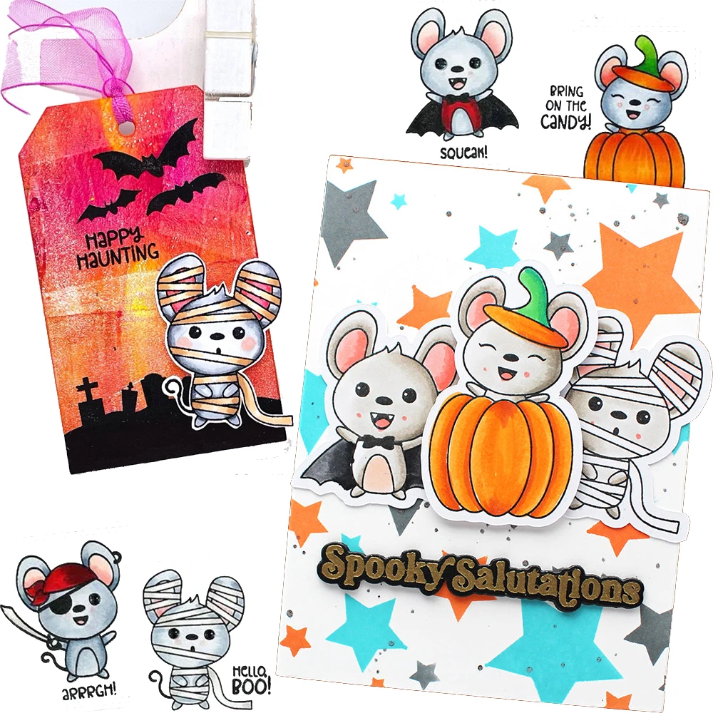 

Halloween Spooky Happy Haunting Mouse Candy Pumpkin Cutting Dies/Clear Stamp Crafts Card Album Making DIY Stencil 2023