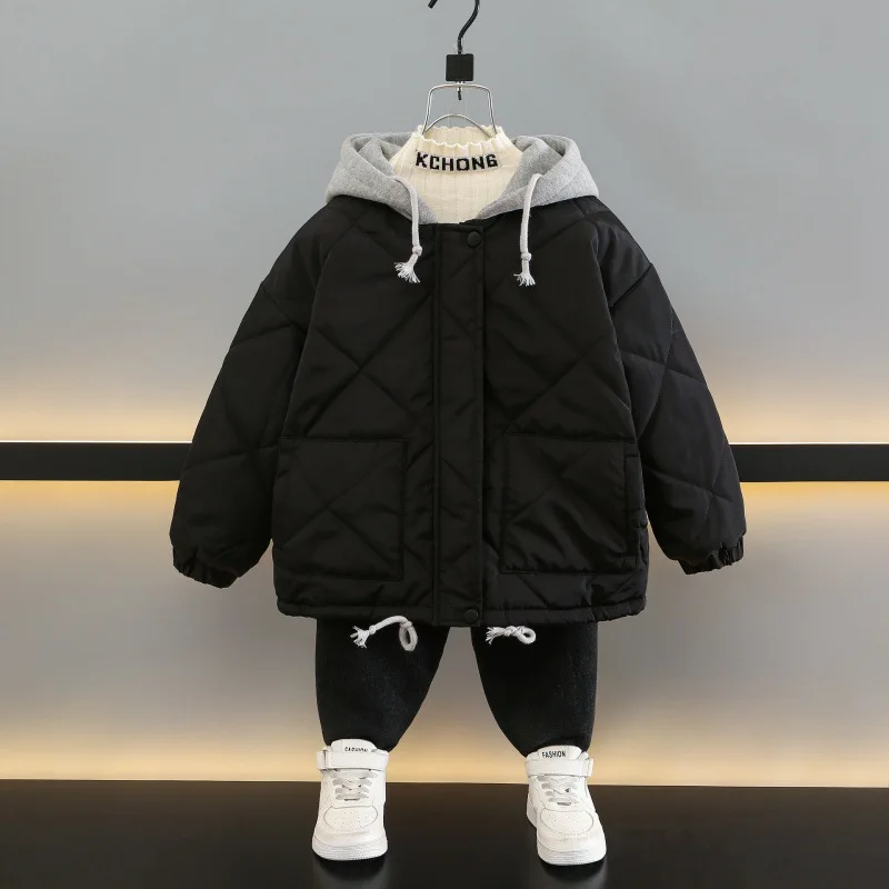 

Children's fake two hooded cotton-padded jacket for boys and girls with thick diamond lattice medium length cotton-padded jacket
