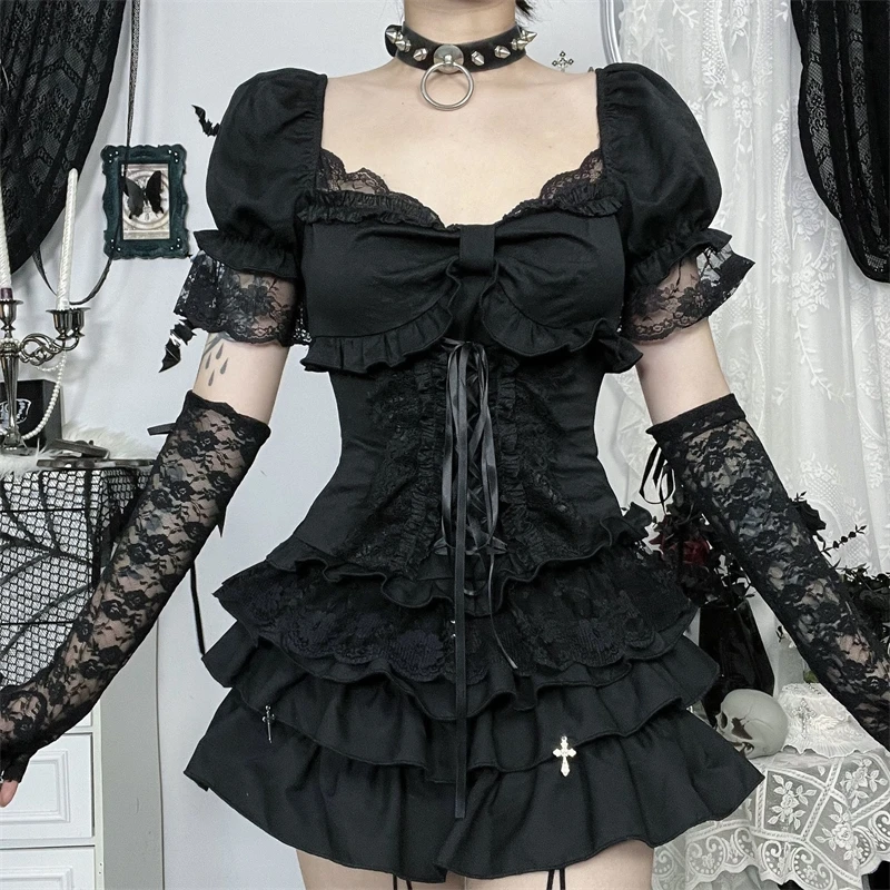 Goth Dark E-สาวลูกไม้ Patchwork เสื้อยืดแขนสั้น Kawaii Bow BANDAGE Tops Mall Gothic Techwear ผู้หญิง Slim Alt เสื้อยืด