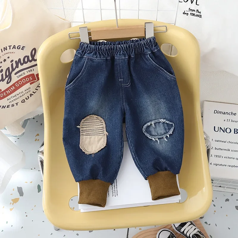 

2024 Spring Autumn New Kids Baby Boys Fashion Jeans Ripped Patchwork Denim Jogger Pants Children's Casual Trousers Clothing