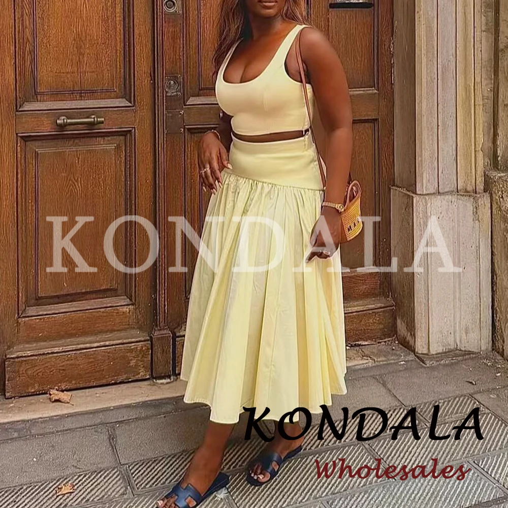 KONDALA Chic Vintage Yellow Women Modern Autumn Suit Slim Short Vest+ Draped Long Skirt Elegant Fashion 2026 Holiday Female Set view 5
