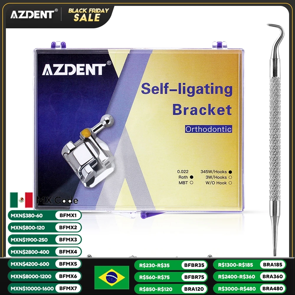 AZDENT 28pcs/Box Dental Brackets Orthodontic Braces MIM Mesh Base Passive Self Ligating With Buccal Tube Roth MBT 022 Hooks 345