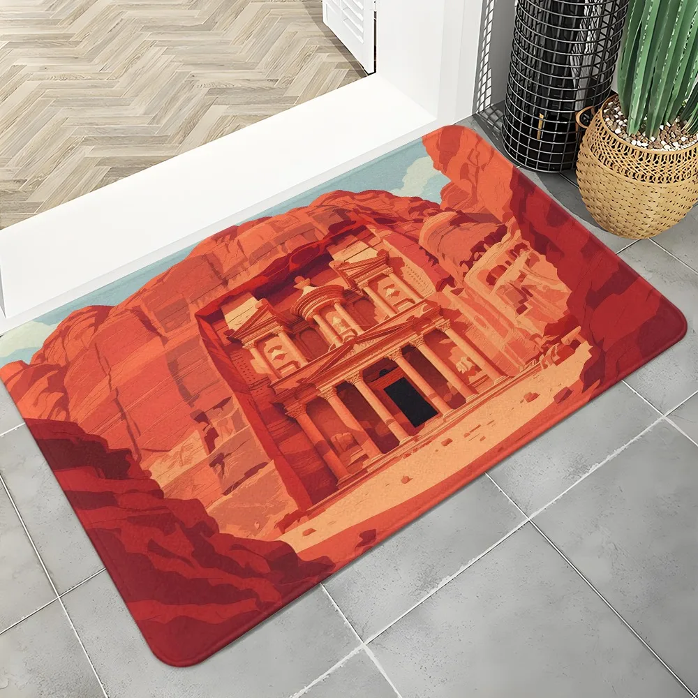 2D Flat Petra Jordan Treasury Ancient Architecture Red Rock Landscape Flannel Area Rug Non Slip Travel Souvenir Carpet ForLiving