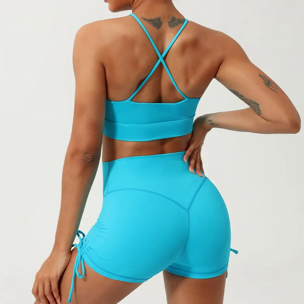 Conjunto de 2 piezas de Yoga, pantalones cortos de gimnasio, ropa de mujer, sujetadores deportivos calados, Tops de entrenamiento para mujer, ropa deportiva, pantalones cortos deportivos para Fitness, conjunto de gimnasio