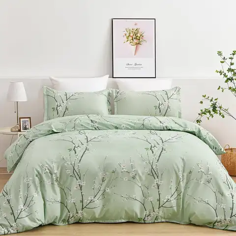 Sage Green Floral Duvet Cover Sets Queen, 3 Pieces Flower Plum Blossom Printed Bedding Set, Botanical Branch Comforter Covers