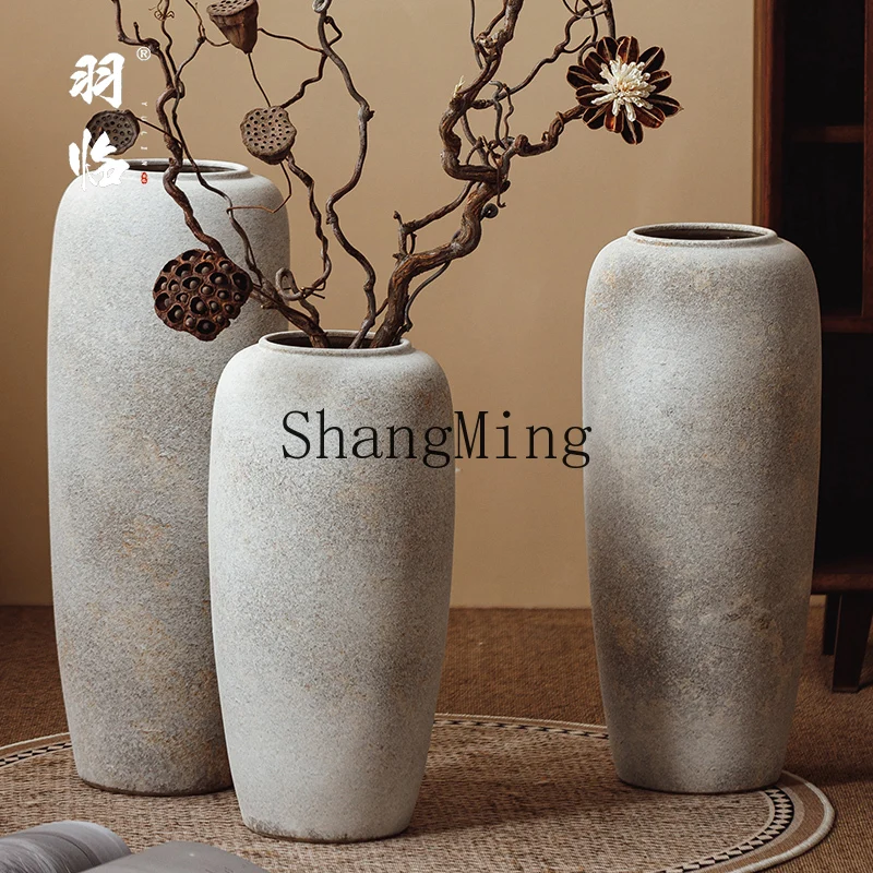 

HJ Jingdezhen floor-to-ceiling large vase wabi-sabi wind reed vase high-end ornament retro coarse pottery jar
