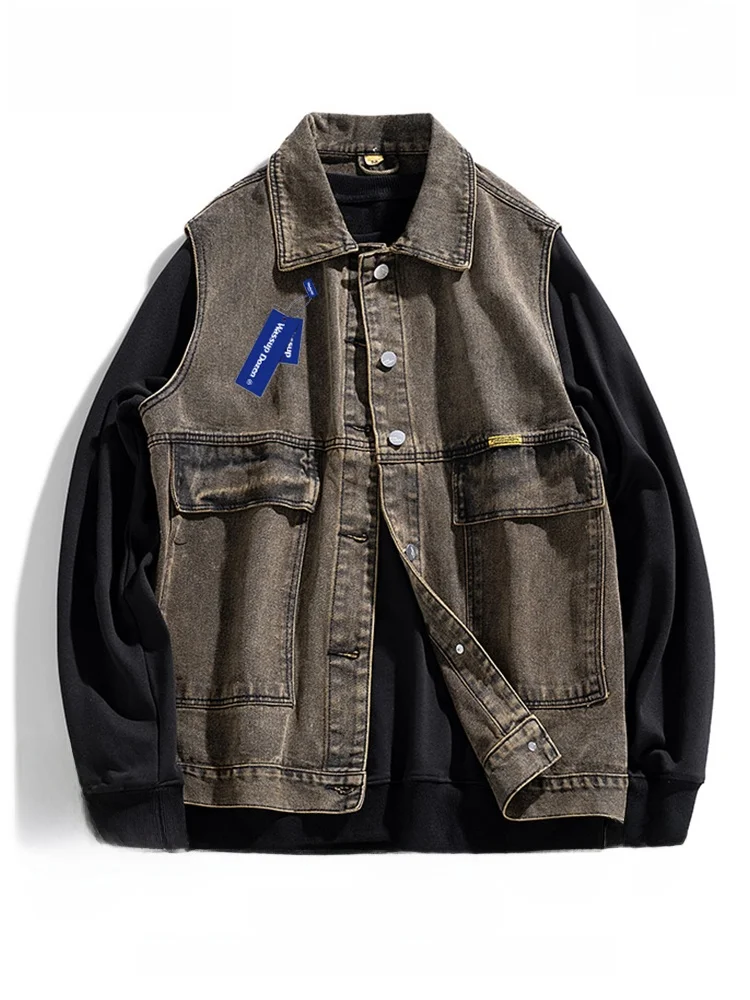

Wassup Dozen Men's Denim Vest Retro Large Size Svel Jaet with Big kets Youth Trendy Cotton Polyester Blend Workwear