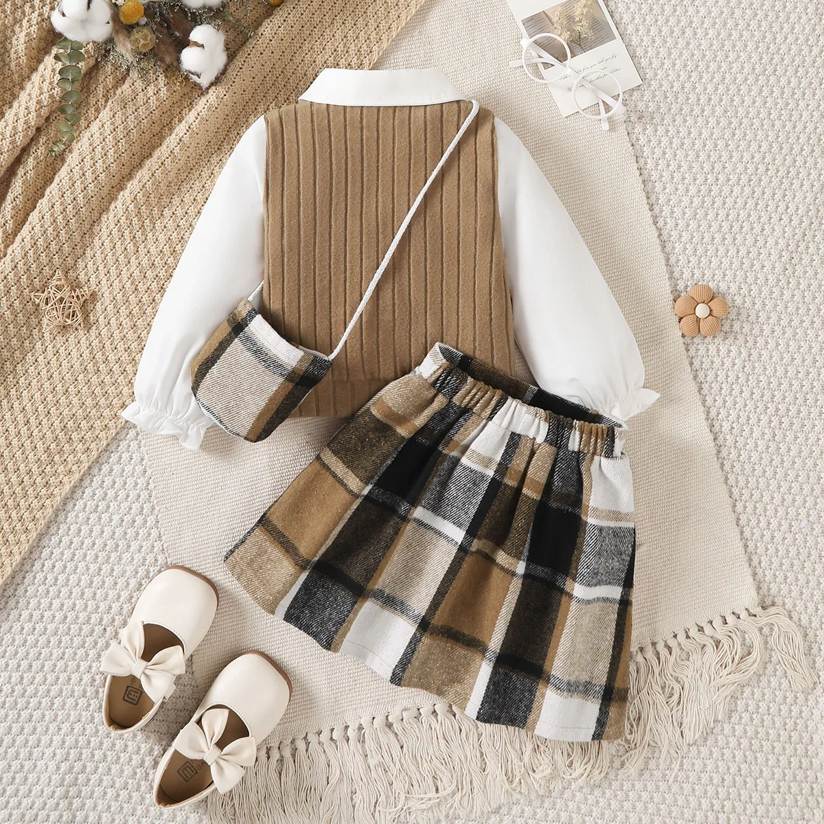3Pcs Children Girl Set Splicing Fake Two Piece Top+Checkered Skirt+Mini Bag Set Suitable Girls 4-7 Year Autumn College Style Set