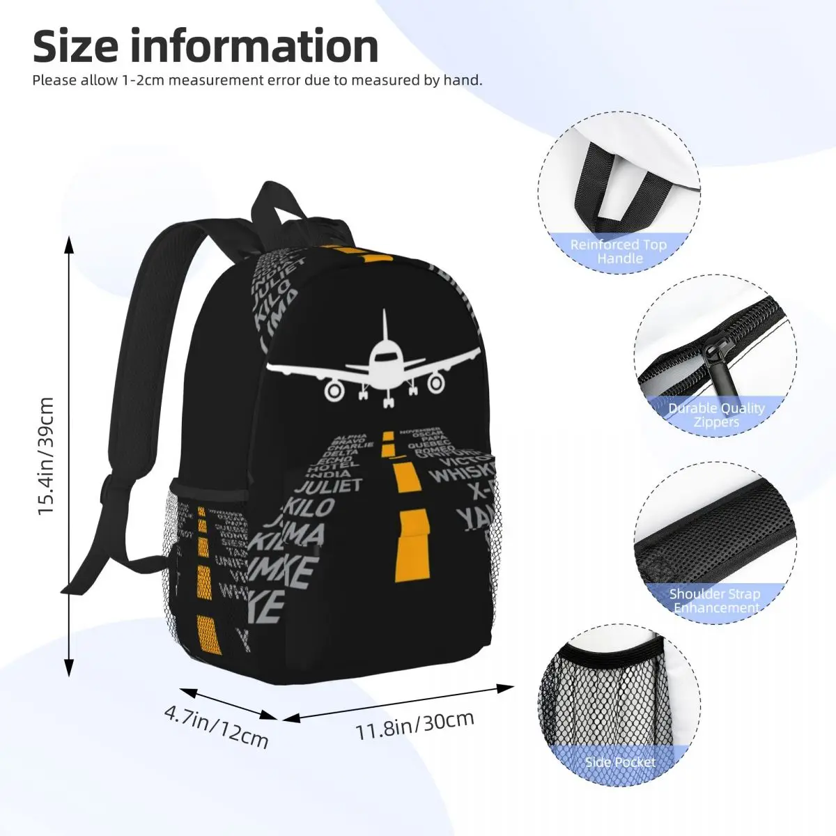 Airplane Pilot Gifts Airport Runway Phonetic Alphabet Plane Backpacks Teenager Bookbag School Bags Travel Rucksack Shoulder Bag