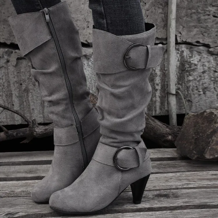 Womens High Heels Boots with Round Toe High Tube Side Zipper Anti-slip Wear Four Season Abrasive Leather Grey Fashion Boots