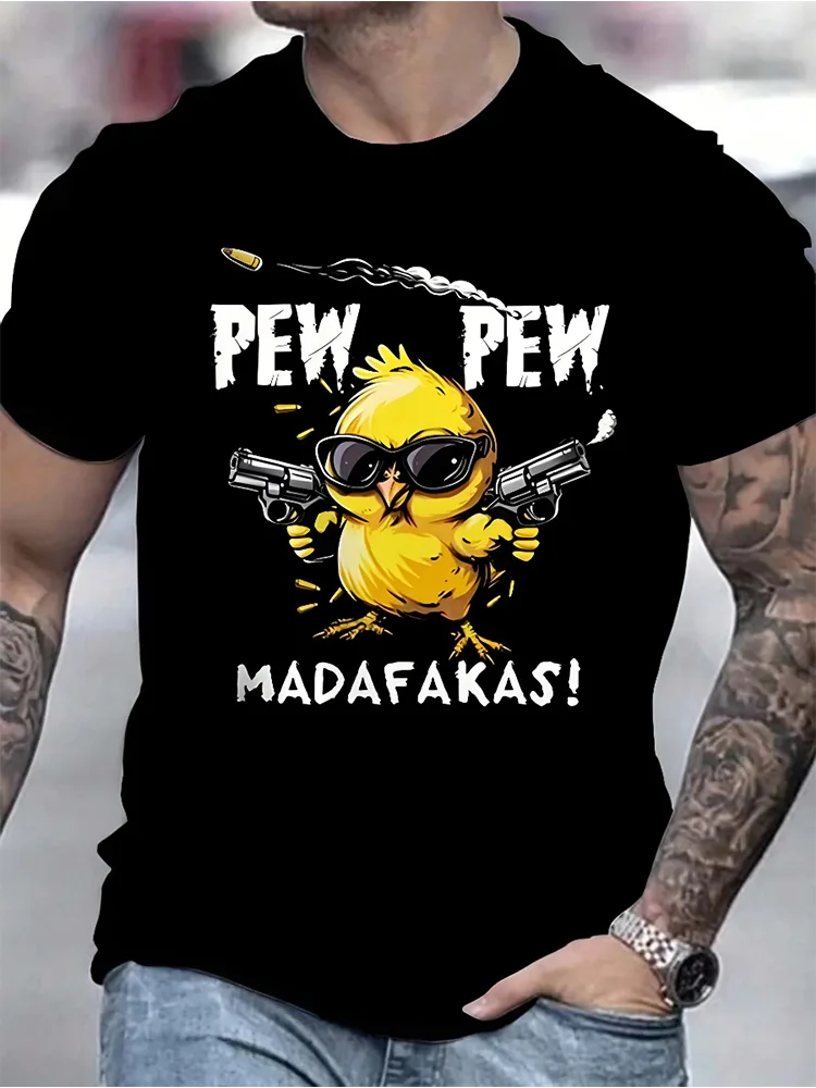 Double Gun Yellow Chicken Print Men's T-shirt Everyday Casual Men's Crewneck T-shirt Street Fashion Men's Short-sleeved Top