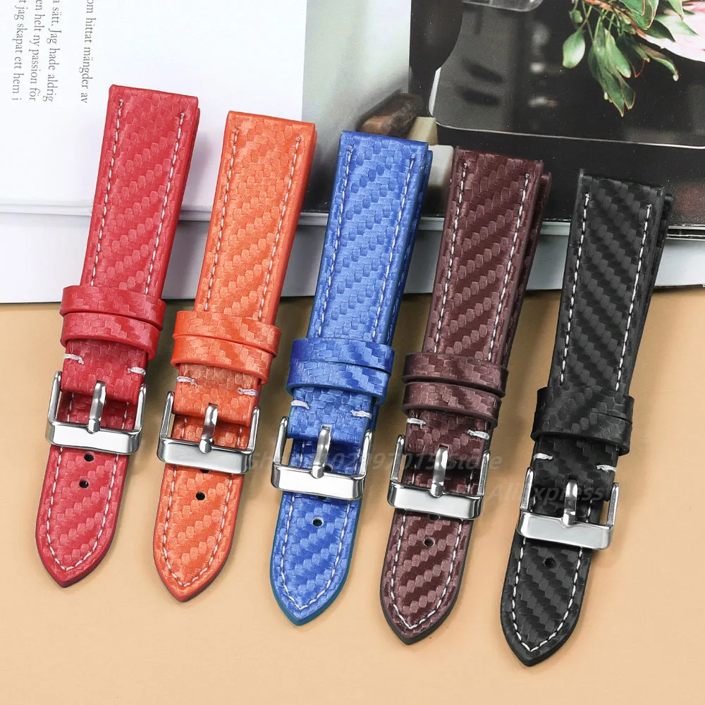 Carbon Fiber Genuine Leather Watch Band 18mm 20mm 22mm 24mm Carbonfiber Grain Bracelet Watch Strap for Samsung for Huawei