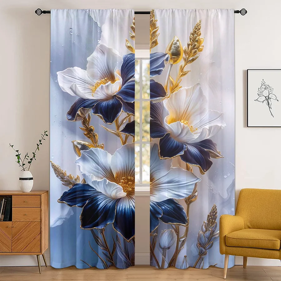 2PCS Blue Gold Flower Print Curtains, Luxury Large Floral Water Droplet Window Drapes for Bedroom Living Room Decor