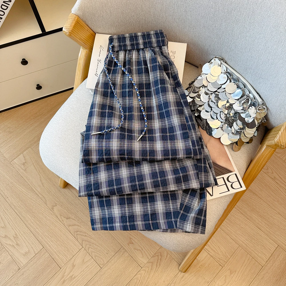 레트로 레이지 슬레 체크 팬츠 여성용 루즈 캐주얼 슬리밍 와이드 레그 팬츠 나이프 바나나 팬츠 코튼 스트레이트 컷 바지