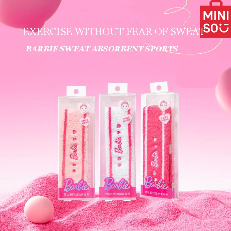 MINISO Barbie Series Sweat-Absorbent Sports Hair Ties Women Running Fitness Yoga Hoop Hair Headband Pink Decoration Girl Gifts ﻿