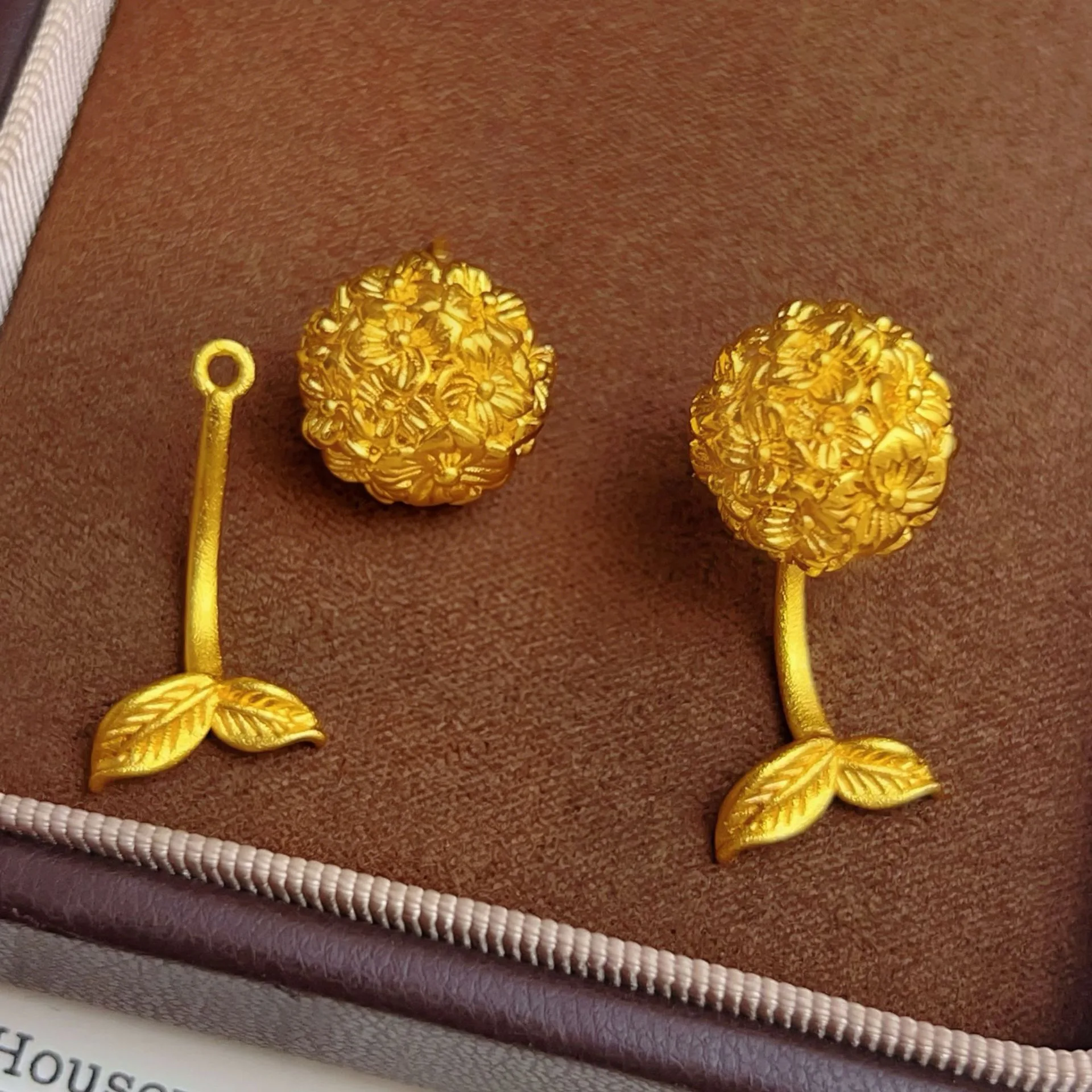 Robust Chased Hydrangea Stud Earrings For Women 24K Gold AU999 stand up to daily abrasion and accidental bump impact