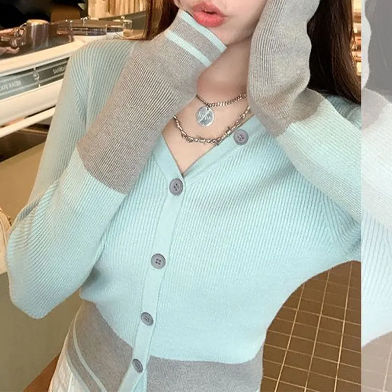 Light Blue Contrast Gray Knit Sweater Ladies V Neck Button Down Color Block Cuff Long Sleeve Slim Cropped Ribbed Knit Cardigan