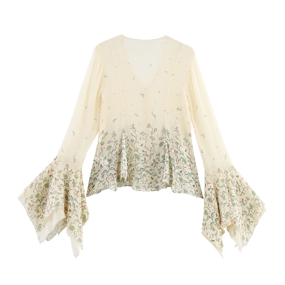 Deeabae Silk Printed Long Sleeve V-Neck Women's Shirt Summer New Arrival French Style Fashionable Top For Ladies