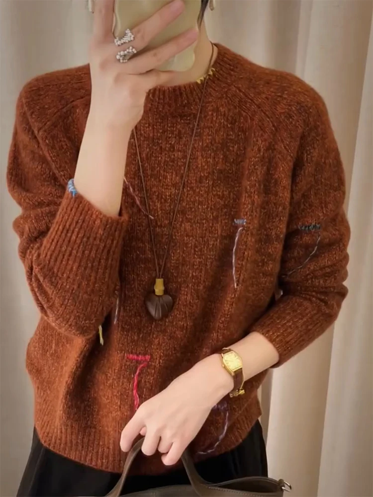 

Korean Design Heavy Work round Ne Sweater Autumn Winter New Sle plus Size Faionable Slimming Versatile Women's Camere...