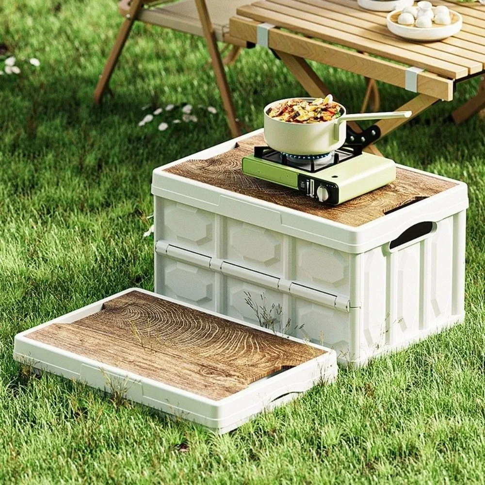 

With Wooden Lid Foldable Storage Box Multi-functional Plastic Car Trunk Storage Box Large Capacity Car Storage Container Car