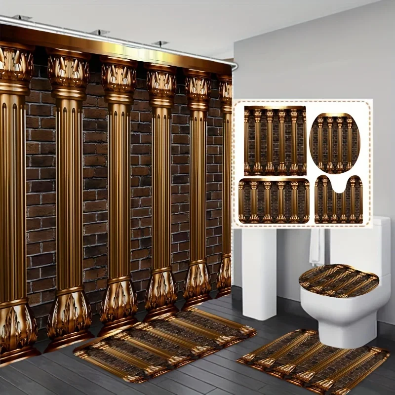 4pcs Golden Roman Column Pattern Shower Curtain Set, Waterproof Bathroom Partition Curtain With Hooks, Non-Slip Bath Rug, To