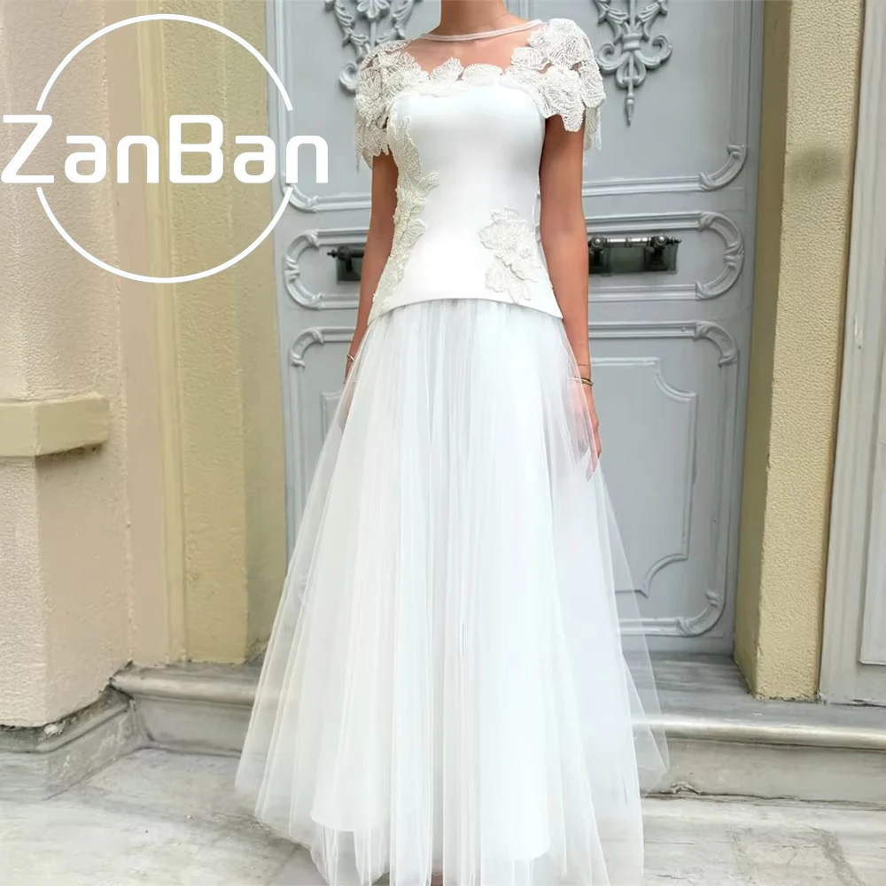 ZanBan Customized Appliques Evening Dresses 2026 Cap Wedding Dress A Line Floor Length Formal Prom Party Gowns for Women Bespoke