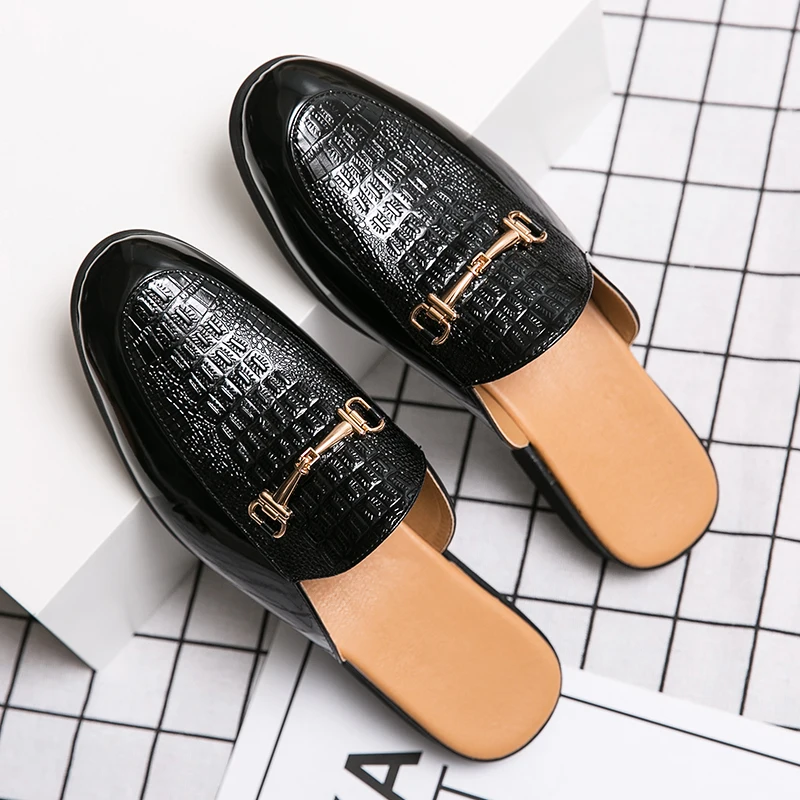 Men Big Size 45 46 Closed Toe Leather Backless Mules Summer Slip On Flat Sneakers Casual Loafers Half Shoes Slides Sandals