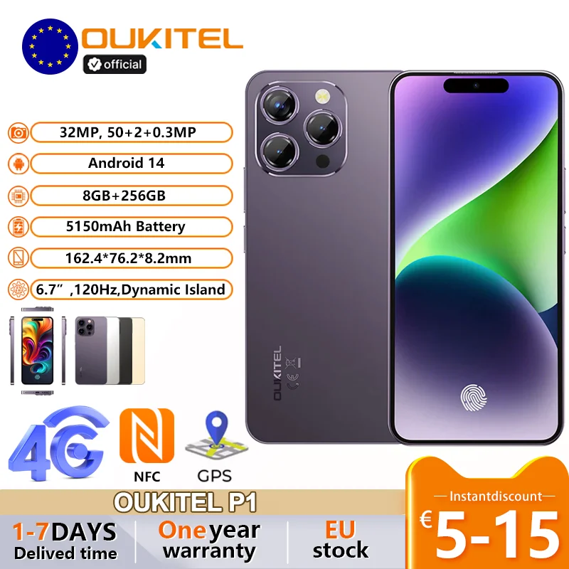 OUKITEL P1 6.7-Inch Smartphone 5150mAh Battery Up to 24GB RAM + 256GB ROM TF 8.2mm Ultra-thin Body 120HZ Refresh Rate Smartphone