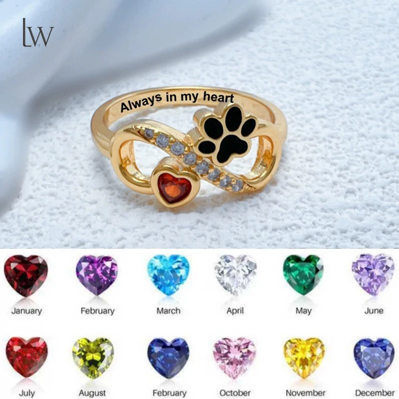 Personalized Pet Paw Birthstone Ring Custom Name Love Heart Dog Paw Print Ring Customized Memorial Dog Pets Lover Ring for Women