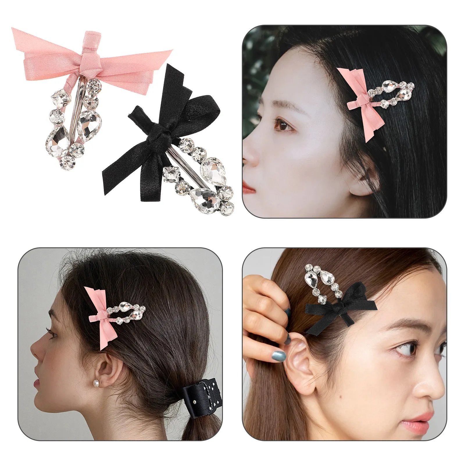 

2Pcs Transparent Heart Rhinestone Hair Clips Women Bow Ribbon Side Clip Duckbill Barrettes Feminine Elegant Stylish Casual
