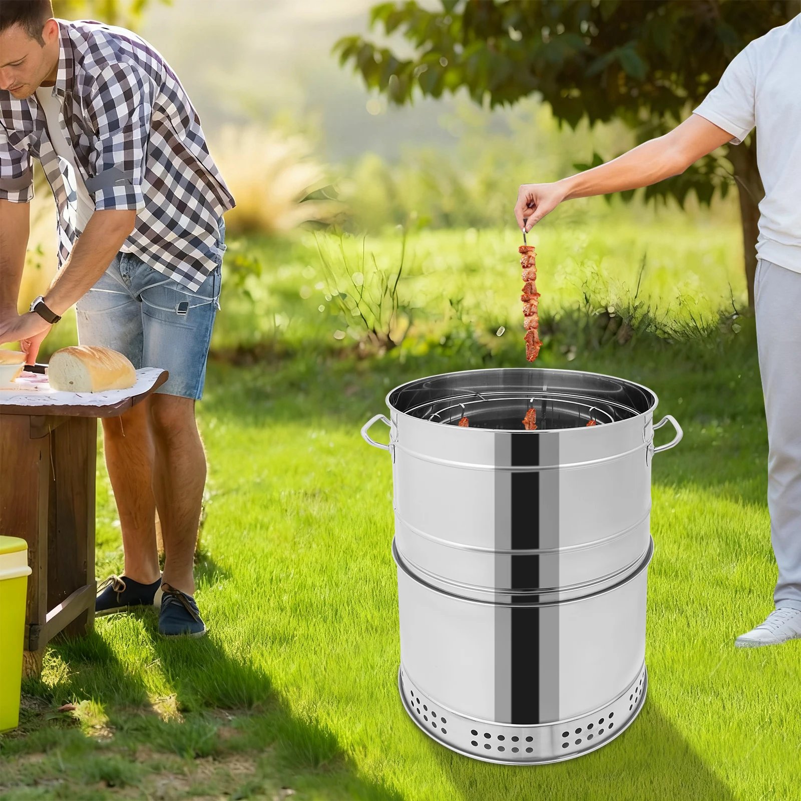 

Портативный 360 ° Универсальный гриль из нержавеющей стали для кемпинга с функцией разделения масла и углей, бездымный дизайн - Барбекю для семейного отдыха на природе