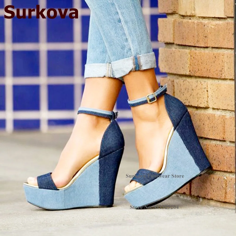 Surkova Blue Denim Color Patchwork Wedge Heel Sandals High Platform Open Toe Gladiator Pumps Ankle Buckle Strap Colorized Shoes