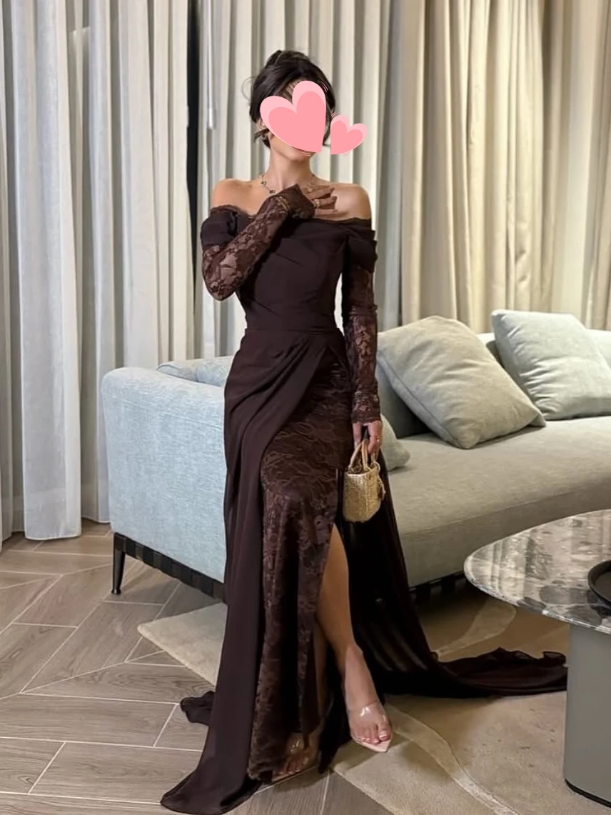 

Other Shore Elegant Vintage Sexy Brown Lace Chiffon Boat Neck Customize Formal Occasion Prom Dress Evening Party Gowns