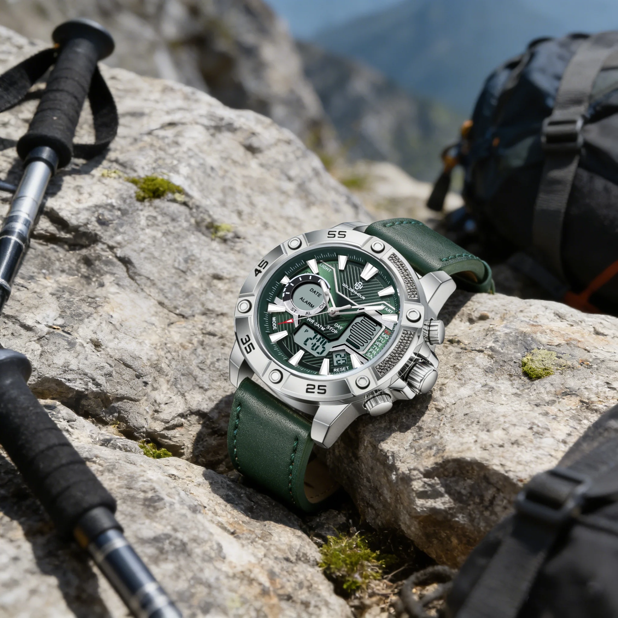 GOLDENHOUR Luxury Brand Men Watch Military Sports Digital Analog Quartz Wristwatch Waterproof Multifunctional Leather Strap Relo