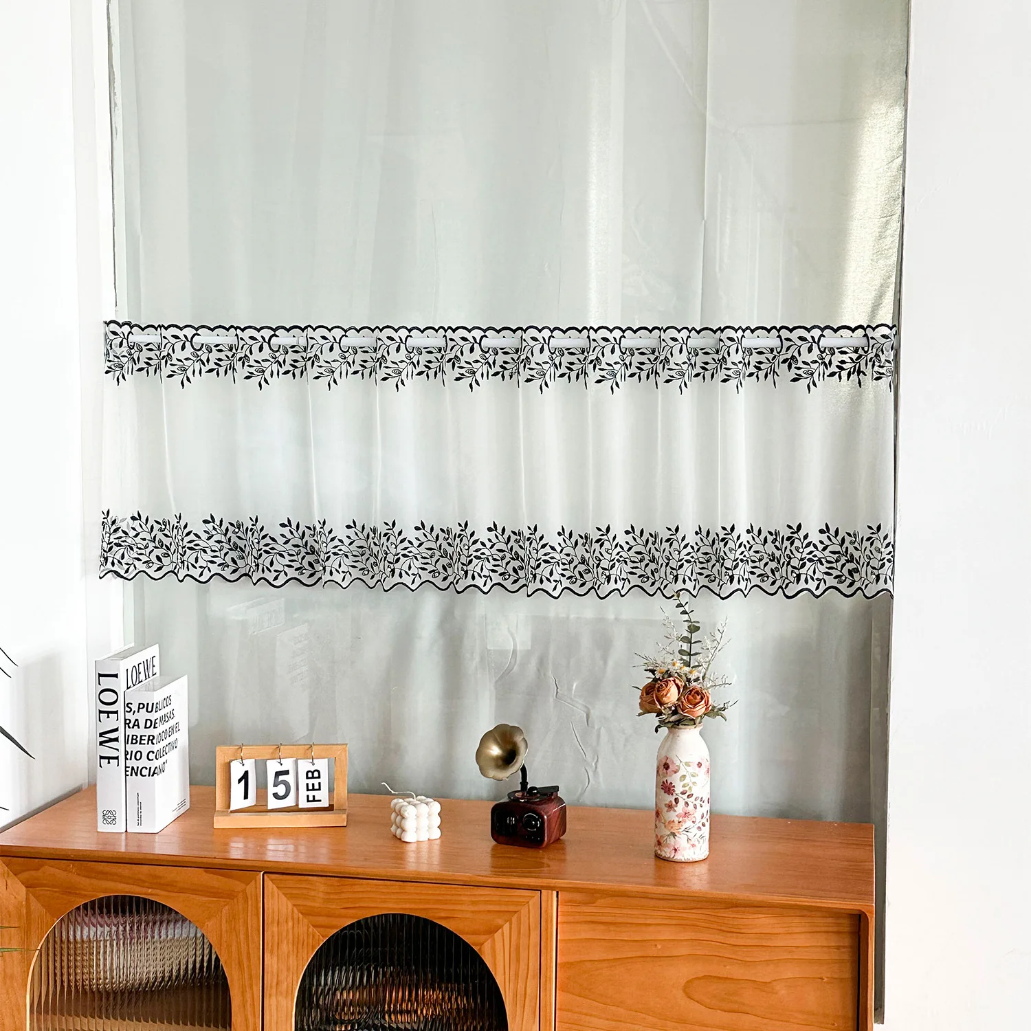 Black Leaf Embroidery Sheer Cafe Curtain Rod Pocket Tier Curtain Semi Transparent Short Window For Kitchen Dining Room Decor