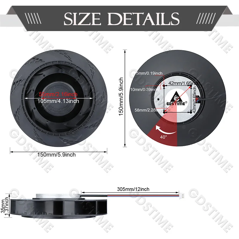 Imagem -05 - Gdstime 15cm Ventilador de ar 150x150x35 mm dc 12v 3pin Purificador de ar Ventilador Centrífugo 15035 150 mm Bola Dupla sem Escova dc Motor Cooler