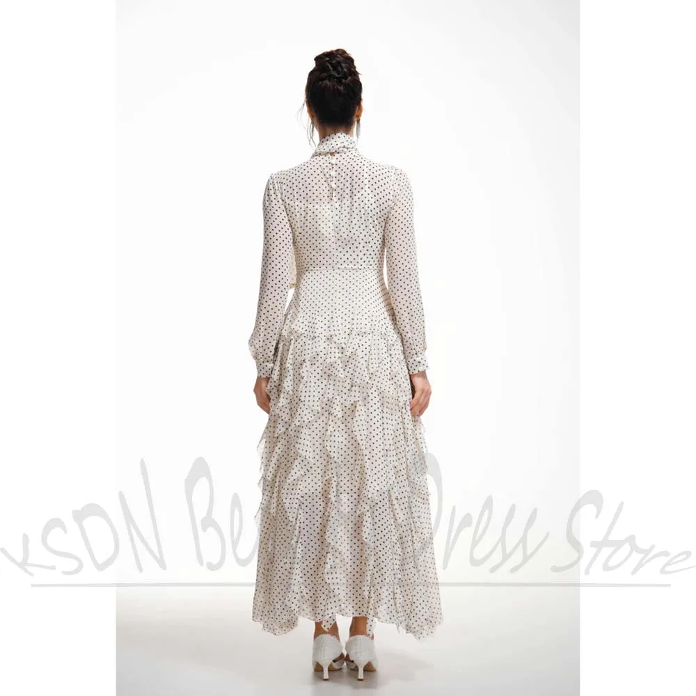 Chic polka-dot vestidos femininos mangas compridas em camadas a linha vestidos de festa moda diária escritório casual tornozelo comprimento vestidos de noite