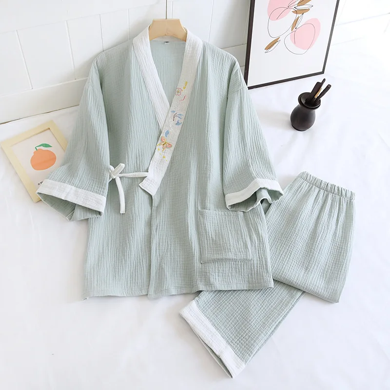 100% Cotton Women Two Pieces Pajamas Open Stitch Half Sleeve Pijama V-Neck Tops With Pants Pajamas