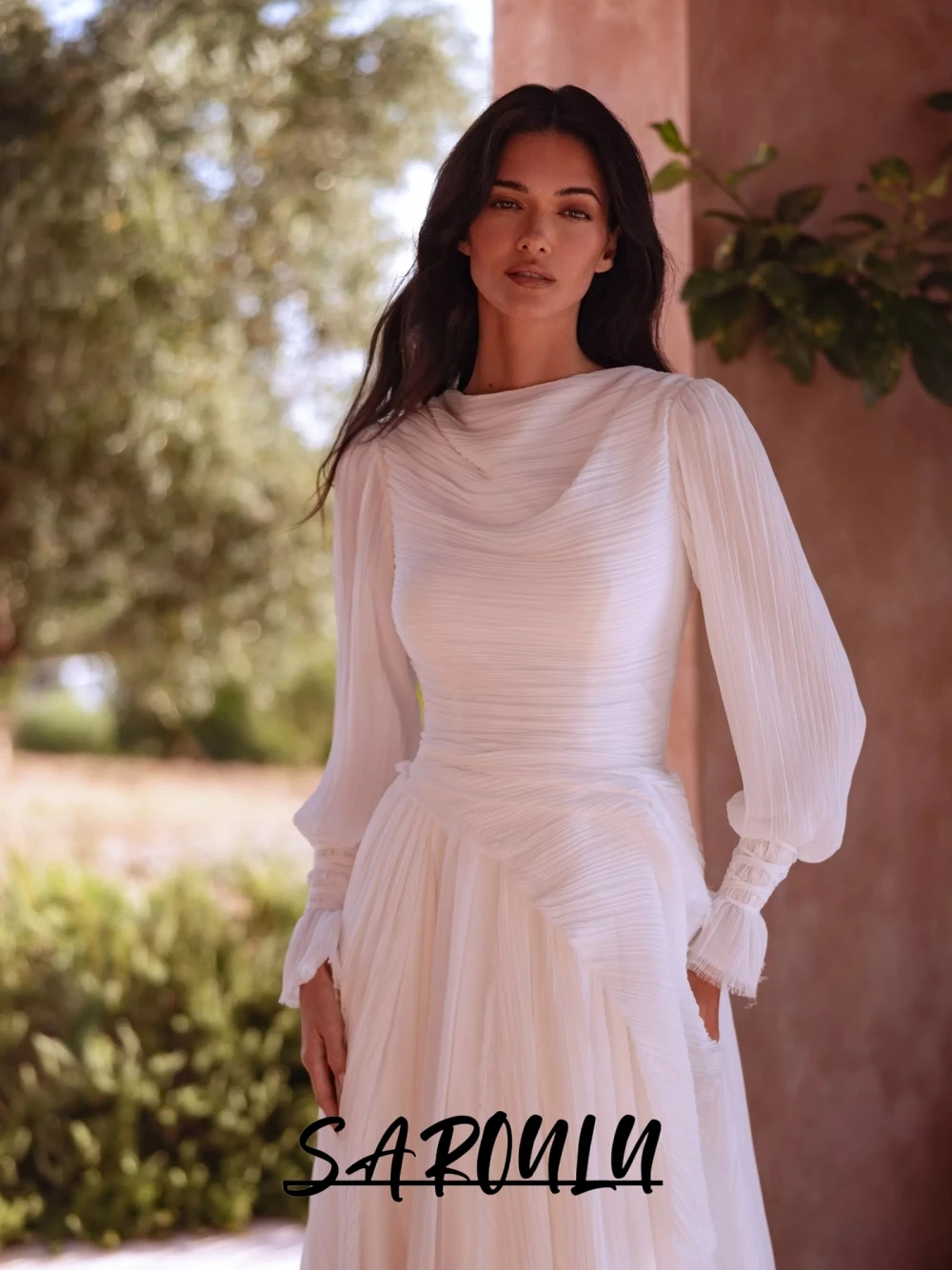 Soft Pleated Chiffon Bohemian Bridal Gown Dreamy Long Bubble Sleeve Elegant A Line Floor Length Beach Wedding Dress Customized