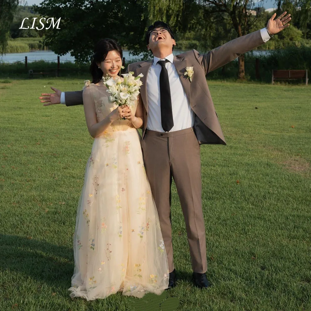 فساتين سهرة كورية باللون الأصفر على شكل حرف a من LISM تول حريري فساتين زفاف خرافية فساتين سهرة لالتقاط الصور حسب الطلب #1