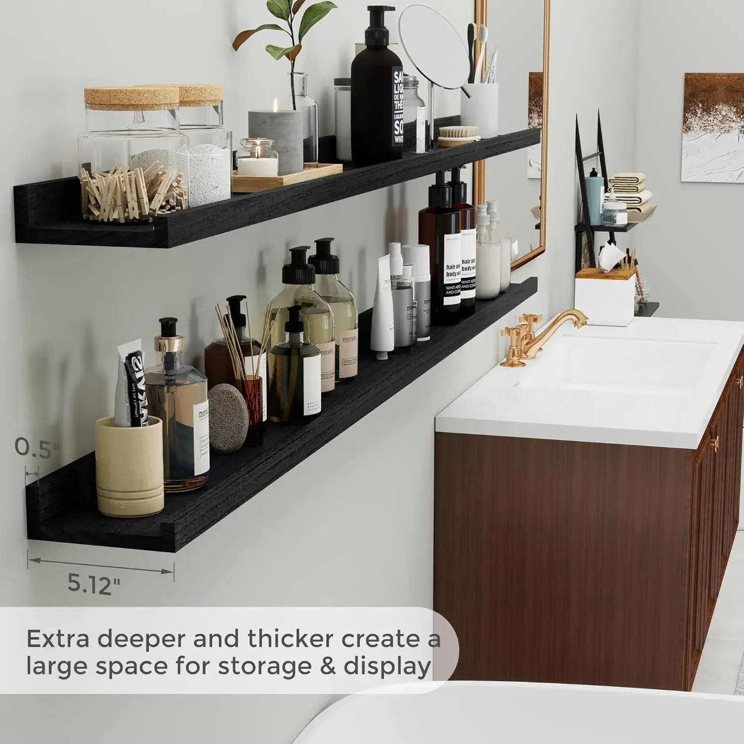 

Black Long Picture Shelves 72 Inch, Solid Wood Floating Shelves Photo Shelf with Lip, Large Wall Mounted Display Shelves