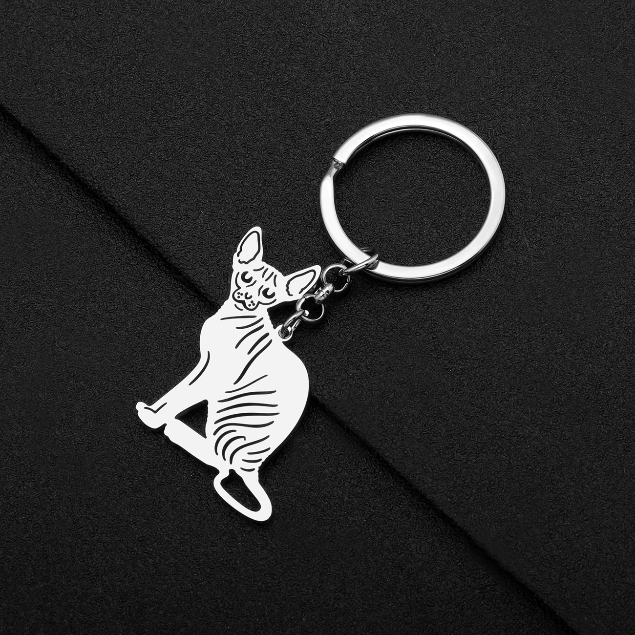 Bonsny Stainless Steel Silver-plated Canadian Hairless Cat Key Ring Pet Animals Keychains Key Chains Bag Charm For Women Jewelry