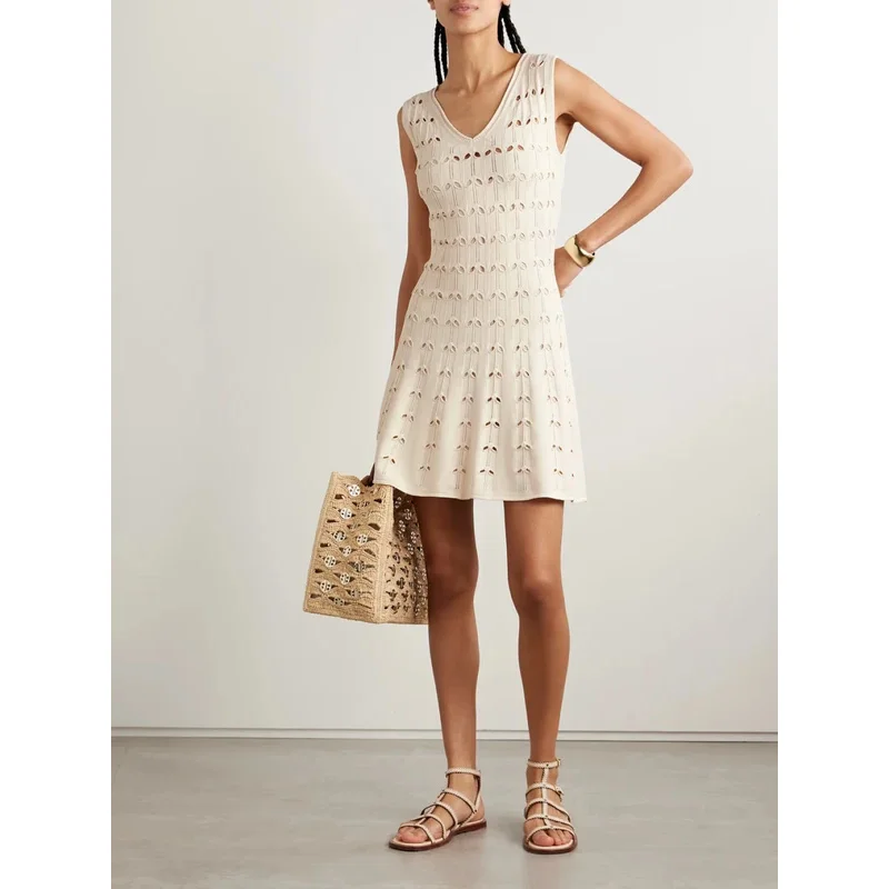 2025 High Quality New Women Summer Beige Hollow Knit Short Sleeve Hole Mini Dress for Holiday