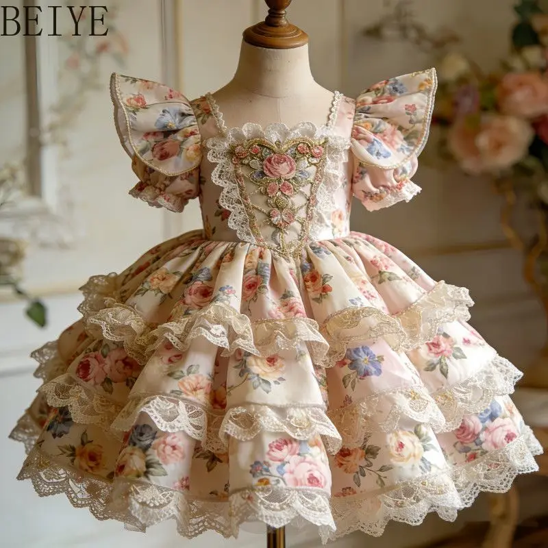 Girls' Lolita Summer Dress New Kids High End Heavy Floral Print Puff Sleeve Lace Birthday Party Ball Gown Casual Dresses