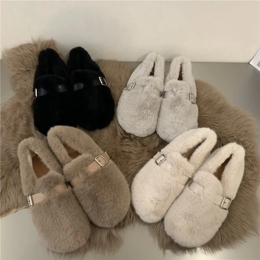 

Fur Flats Women Loafers Shoes Winter Short Plush Warm Cotton Shoes Comfortable Trend Designer Walking Shoes Casual Femme Zapatos