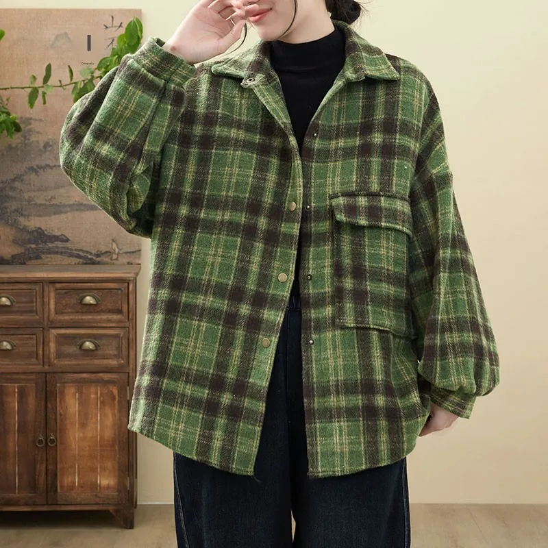 Angola Red Plaid Woolen irt Jaet Women's plus Size Slimming Meat Covering Medium Length irt Top Polyester Fiber 00%